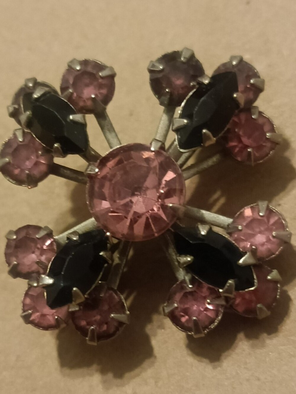 Vintage-Inspired Pink and Black Crystal Floral Brooch